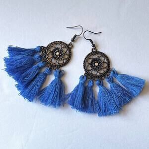 Aiba Boho Knotted Tassel Earrings - Blue & Bronze Tone
